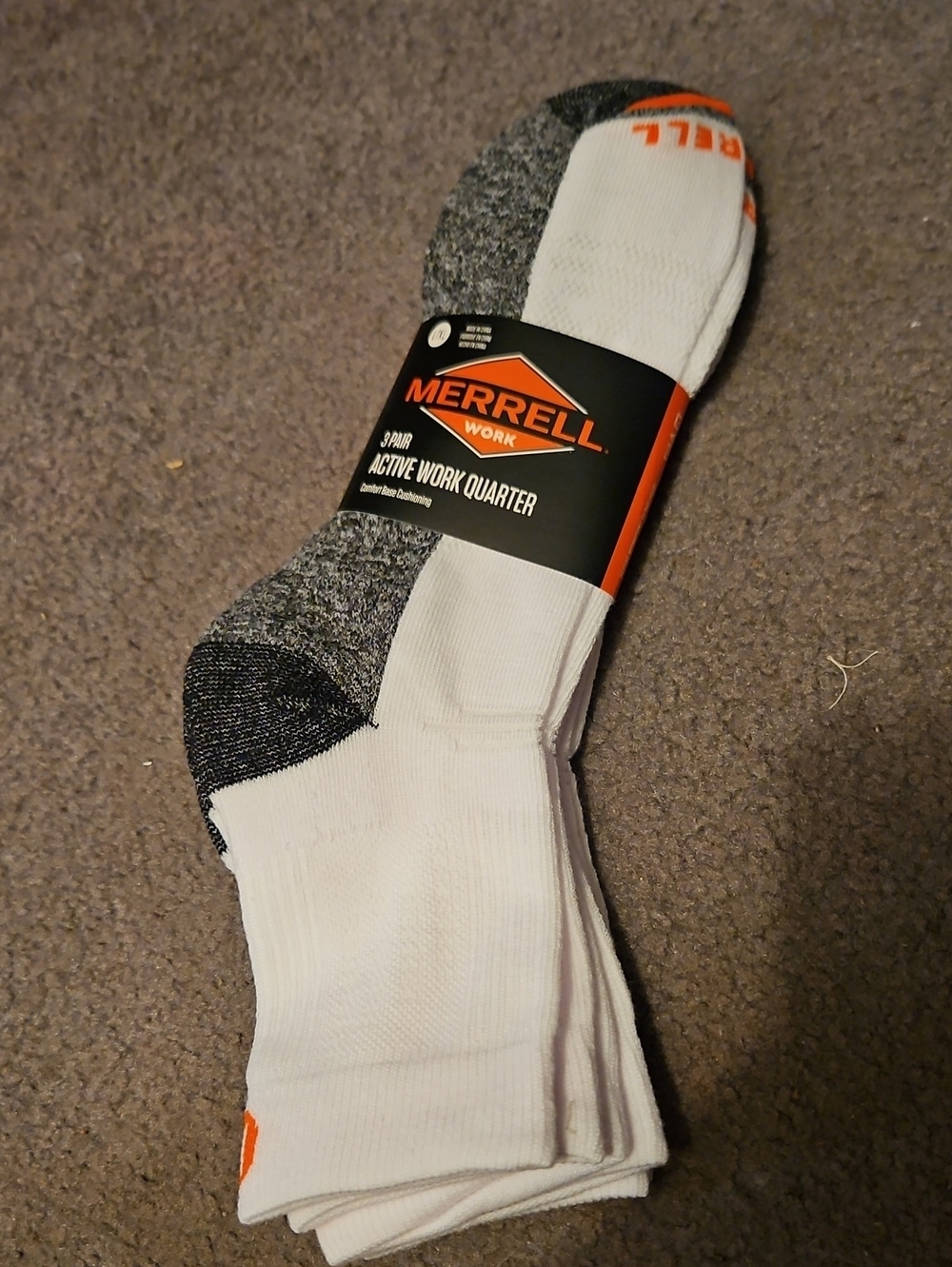 Merrell White & Gray Active Work Quarter Socks with Orange Accent